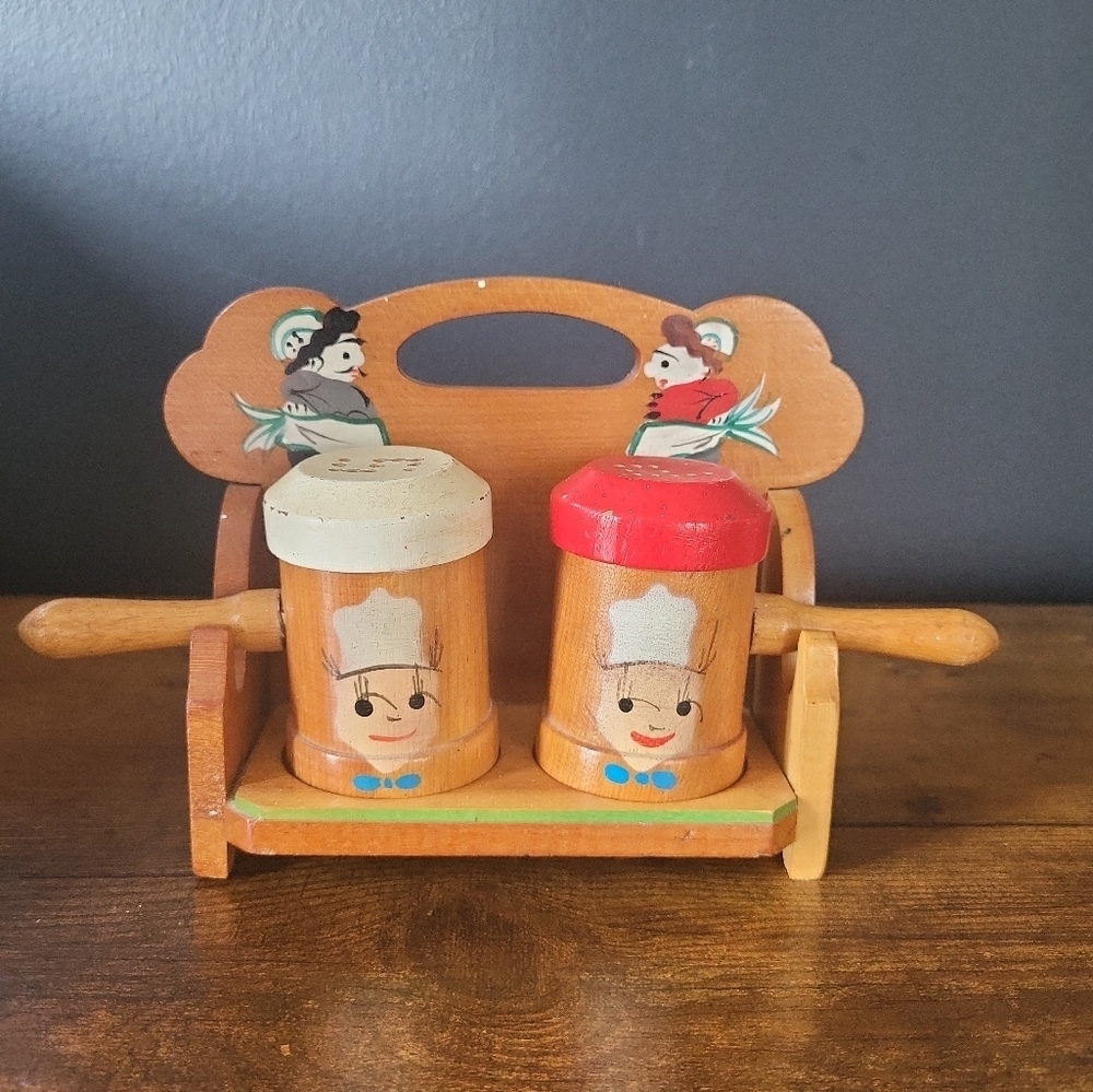 Vintage Wooden Chef Salt and Pepper Shaker Set
